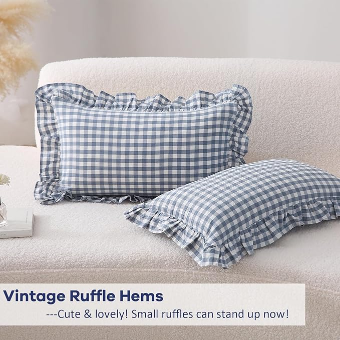 2 Pack Dust Blue Plaid Ruffle Gingham Lumbar Pillow Shams, 100% Yarn-Dyed - Image 4