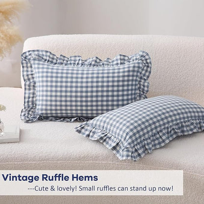 2 Pack Dust Blue Plaid Ruffle Gingham Lumbar Pillow Shams, 100% Yarn-Dyed - Image 4