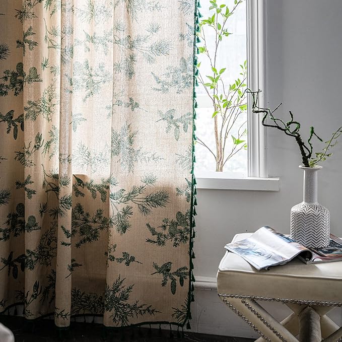 Bohemian Curtains with Tassel Green Semi-Blackout Drapes 63 Inch Length Cotton - Image 4
