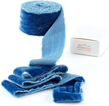 Blue Velvet Ribbon 1.5 Inch Hand Frayed Silk Velvet Ribbon Rustic Velvet by DINDOSAL