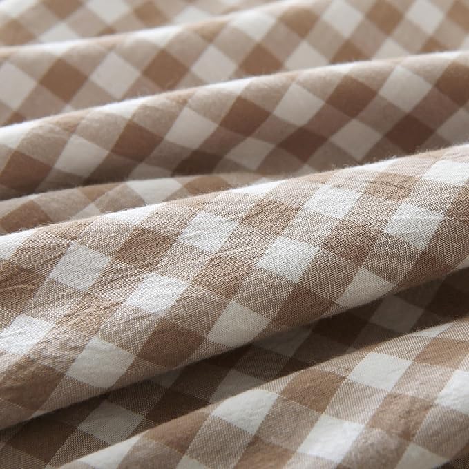Taupe/White Plaid Ruffle Pillow Shams Queen Size 20"x30", Shabby Checkered - Image 6