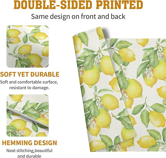 Lemon Placemats Set of 4 Summer Yellow Fruit Green Leaf Floral Linen Table Mat - Image 5