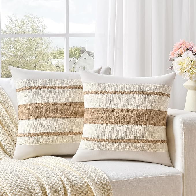 Fancy Homi Set of 2 Boho Neutral Decorative Throw Pillow Cover 22x22 Inch by Fancy+Homi