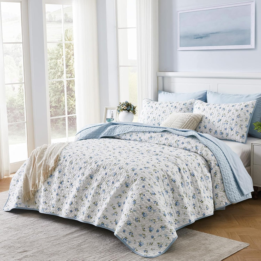 Queen/Full Size Floral Quilt Set Blue Shabby Chic Flower Bedspreads Set