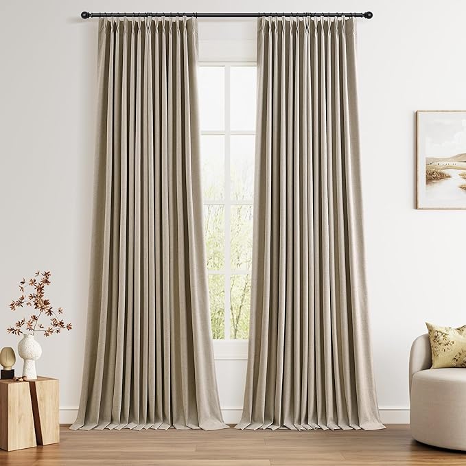 Pinch Pleated Linen 100% Blackout Curtains 108 Inches Long Floor to Ceiling by Joywell