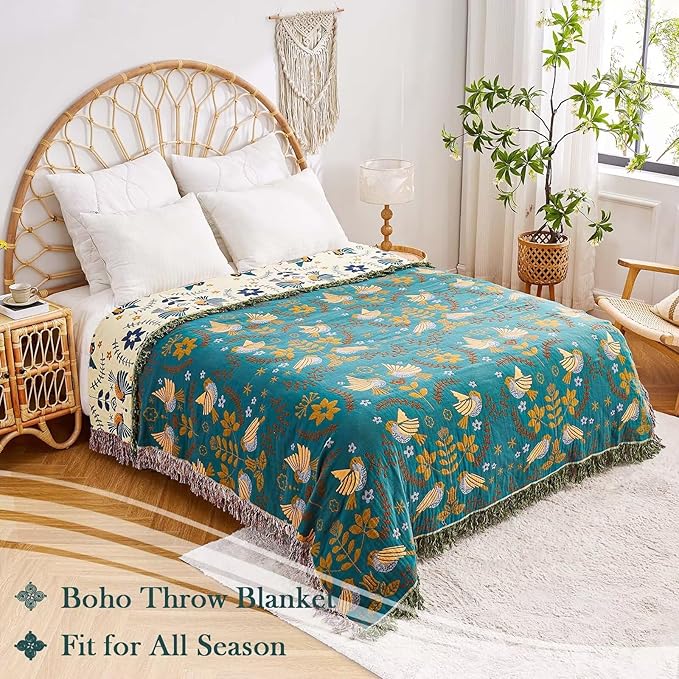 Boho Throw Blanket, 100% Cotton Ultra Soft Luxury Fall Throw Rustic Quilt - Image 5