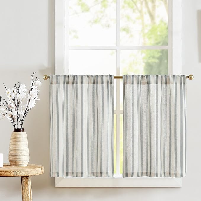 jinchan Striped Linen Kitchen Tier Curtain Farmhouse Cafe 30 Inch Small Window by JINCHAN