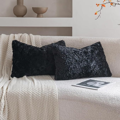 Neelvin Set of 2 Faux Fur Throw Pillow Covers 12x20 Inch Black Cozy Soft Solid by Neelvin