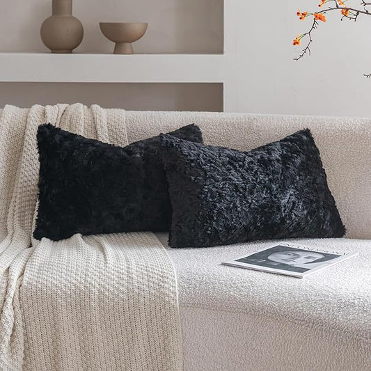 Neelvin Set of 2 Faux Fur Throw Pillow Covers 12x20 Inch Black Cozy Soft Solid by Neelvin