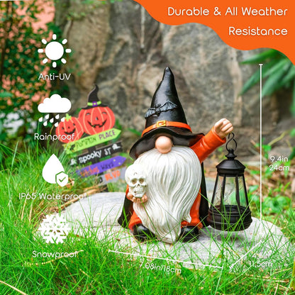 Halloween Gnome Decoration Garden Statues with Skull Solar Gnomes with LED Lantern Halloween Outdoor Porch Patio Yard Art Ornament Holiday Gardening Gifts for Mom Women