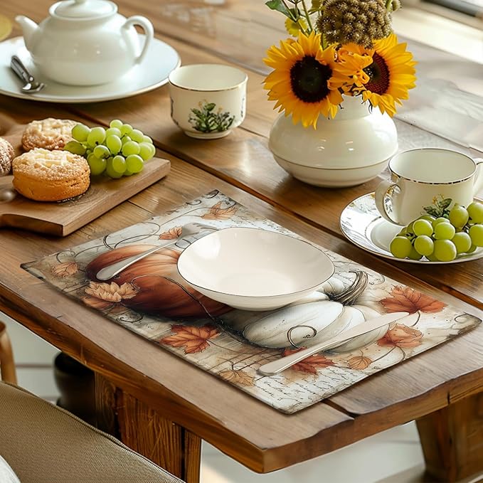 Fall Vintage Pumpkin Leaves Placemats Set of 4 Autumn Thanksgiving Harvest - Image 6