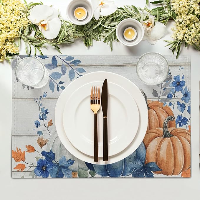 Autumn Placemats Blue Pumpkin Fall Place Mat Eucalyptus Leaves Floral Wood - Image 3