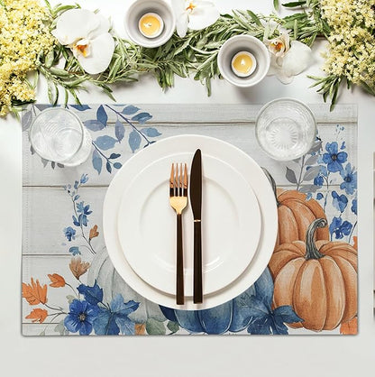 Autumn Placemats Blue Pumpkin Fall Place Mat Eucalyptus Leaves Floral Wood - Image 3
