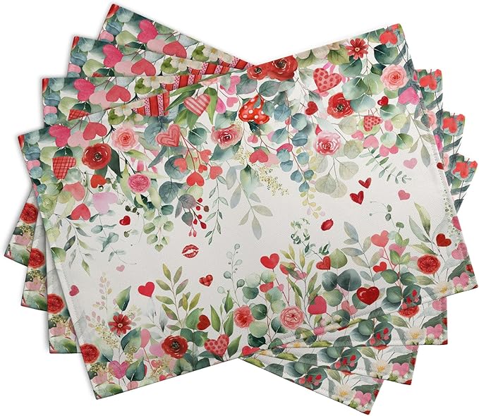 Valentines Eucalyptus Leave Placemats Set of 4, 12x18 Inch Valentine Heart Rose - Image 7
