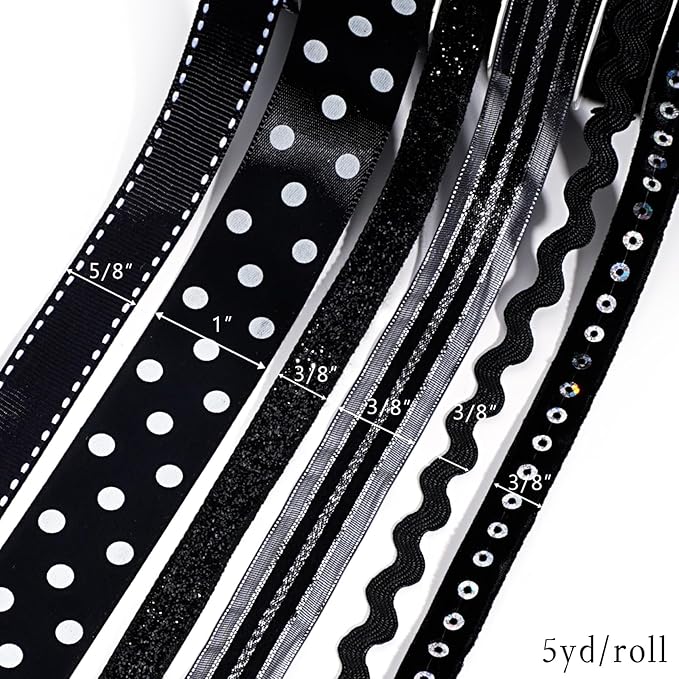 LaRibbons Black Ribbons for Crafts 6 Rolls Assorted Black Ribbons - Image 8
