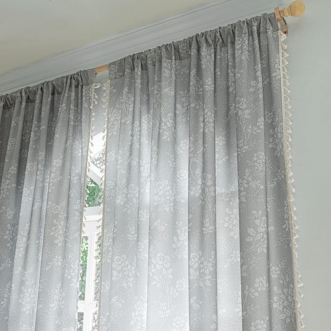 ENJOYBRIDAL Floral Curtains 84 Inch Long Grey Light Filtering Drapes Rod Pocket - Image 4