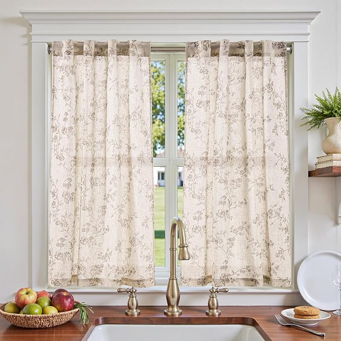 jinchan Floral Kitchen Curtains 45 Inch Linen Tier Curtains Farmhouse Cafe Half by JINCHAN