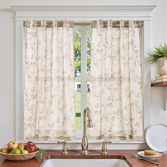 jinchan Floral Kitchen Curtains 45 Inch Linen Tier Curtains Farmhouse Cafe Half by JINCHAN