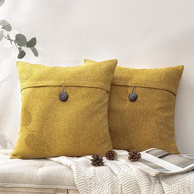 Phantoscope Pack of 2 Farmhouse Throw Pillow Covers Button Vintage Linen Solid by Phantoscope