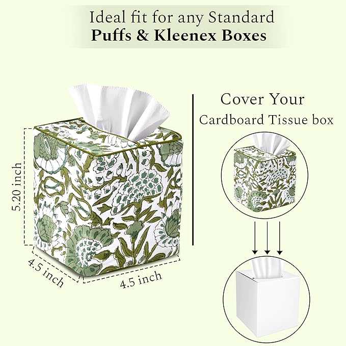 CPC Agate Green Hand Block Printed Cotton Tissue Box Cover 5" x 5" x 5.5" - Image 3