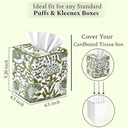 CPC Agate Green Hand Block Printed Cotton Tissue Box Cover 5" x 5" x 5.5" - Image 3