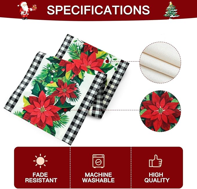 OTOSTAR Black and White Buffalo Check Plaid Holly Christmas Flowers Table Runner - Image 6
