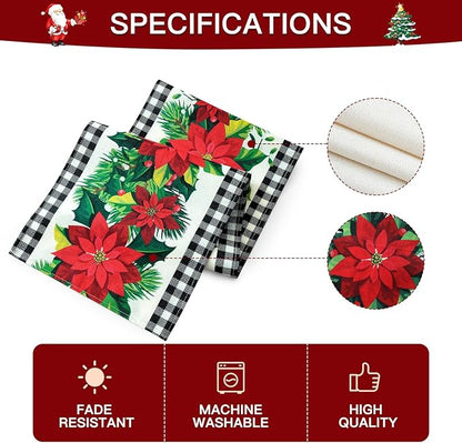 OTOSTAR Black and White Buffalo Check Plaid Holly Christmas Flowers Table Runner - Image 6