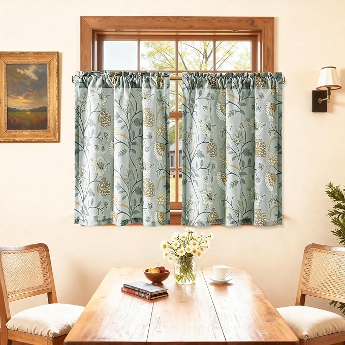 Leeva Floral Kitchen Window Curtains, Farmhouse Style Print Linen Look Cafe by Leeva