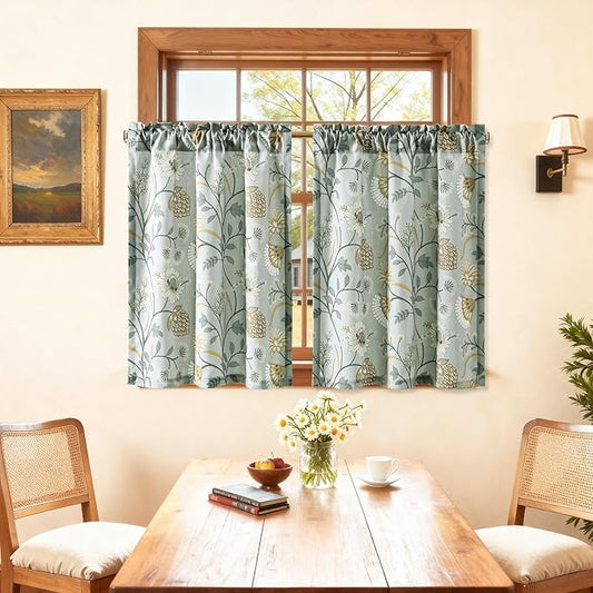 Leeva Floral Kitchen Window Curtains, Farmhouse Style Print Linen Look Cafe by Leeva