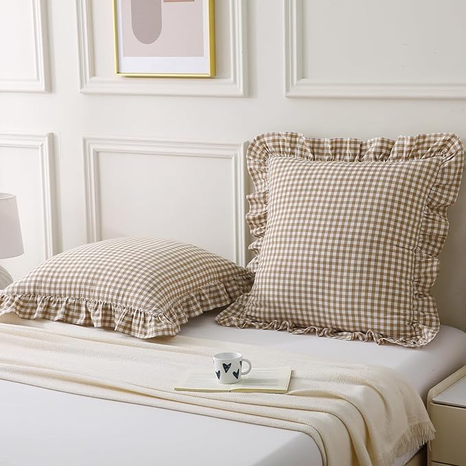 Aryeleay 2 Pack Taupe White Plaid Gingham Ruffle Pillow Shams, 100% Washed - Image 7