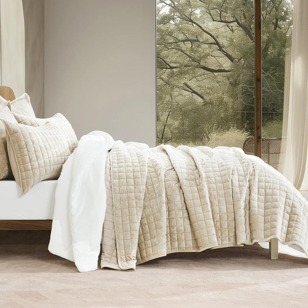 recyco channel box stitch velvet quilt set, king shown in use