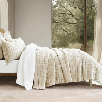 recyco channel box stitch velvet quilt set, king shown in use