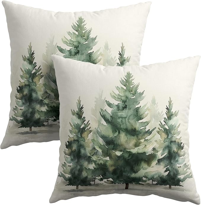 Watercolor Green Tree Throw Pillow Covers 24x24 Inch Set of 2 Green Christmas by Granbey