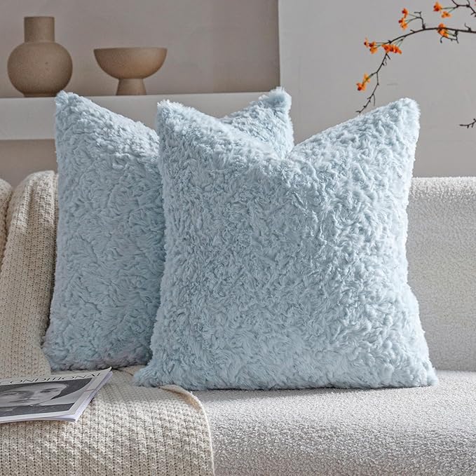 Neelvin Set of 2 Faux Fur Throw Pillow Covers 18x18 Inch Blue Cozy Soft Solid by Neelvin