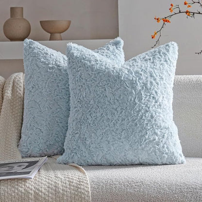 Neelvin Set of 2 Faux Fur Throw Pillow Covers 16x16 Inch Blue Cozy Soft Solid by Neelvin