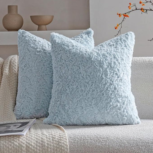 Neelvin Set of 2 Faux Fur Throw Pillow Covers 22x22 Inch Blue Cozy Soft Solid by Neelvin