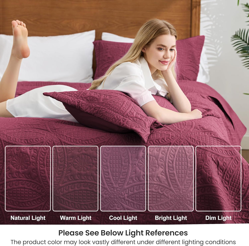 Love's cabin King Size Quilt Bedding Set Burgundy Bedspreads - Bed Lightw...