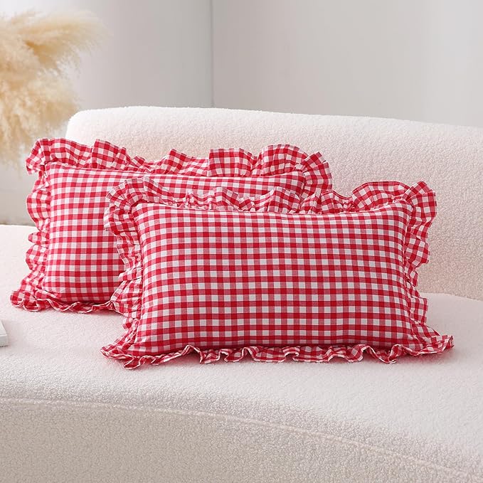 2 Pack Red Plaid Ruffle Gingham Lumbar Pillow Shams, 100% Washed Cotton Linen by KMASANIJI