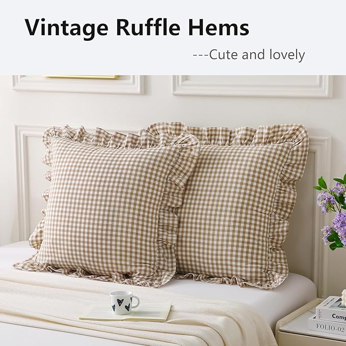 Aryeleay 2 Pack Taupe White Plaid Gingham Ruffle Pillow Shams, 100% Washed - Image 3