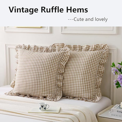 Aryeleay 2 Pack Taupe White Plaid Gingham Ruffle Pillow Shams, 100% Washed - Image 3