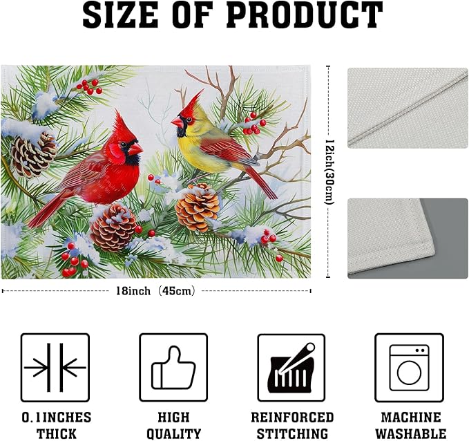 Giwawa Winter Birds Placemats Set of 4, Christmas Tree Holly Berry Pine Cones - Image 4