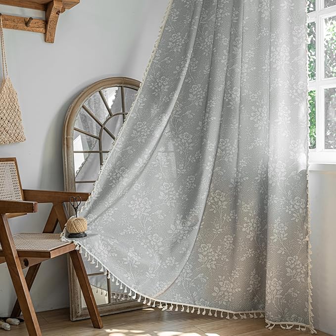 ENJOYBRIDAL Floral Curtains 96 Inches Long Grey Light Filtering Drapes Rod by ENJOYBRIDAL