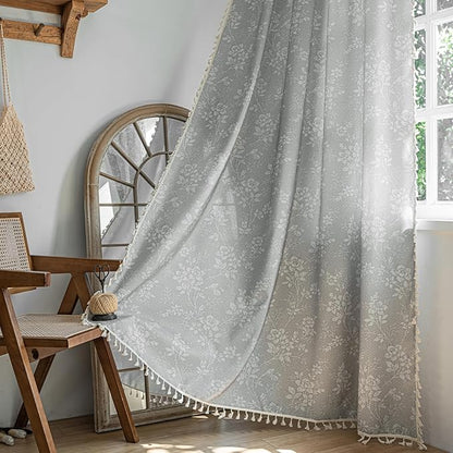 ENJOYBRIDAL Floral Curtains 96 Inches Long Grey Light Filtering Drapes Rod by ENJOYBRIDAL