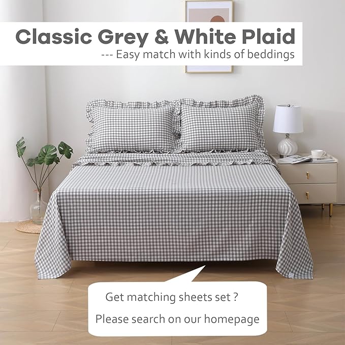 2 Pack Grey White Plaid Ruffle Throw Pillow Covers 18x18 inches, 100% Cotton - Image 2