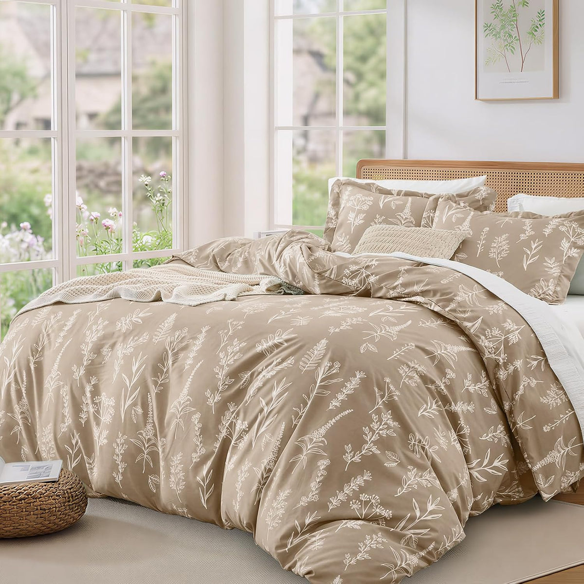 muxhomo duvet cover queen size, 3-piece floral taupe, view 9