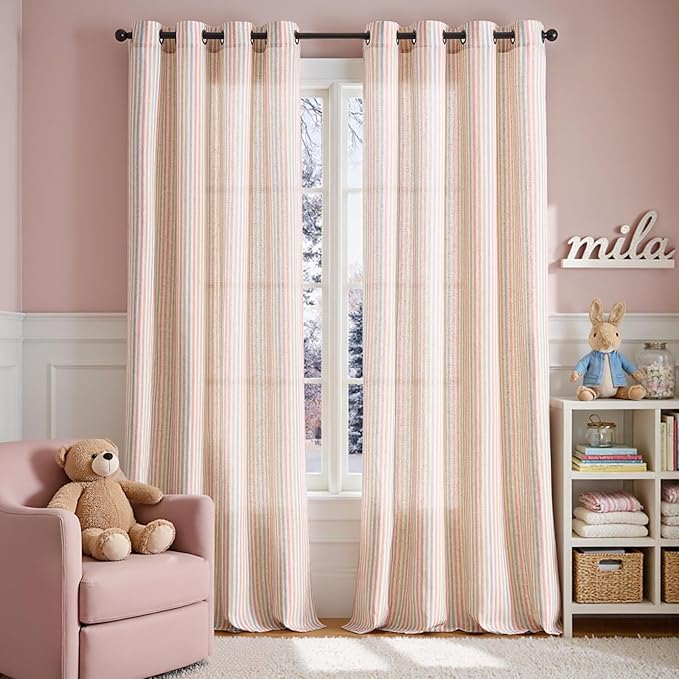 Vangao Linen Striped Nursery Curtains Boho Tickingstripe Light Filtering Window - Image 2