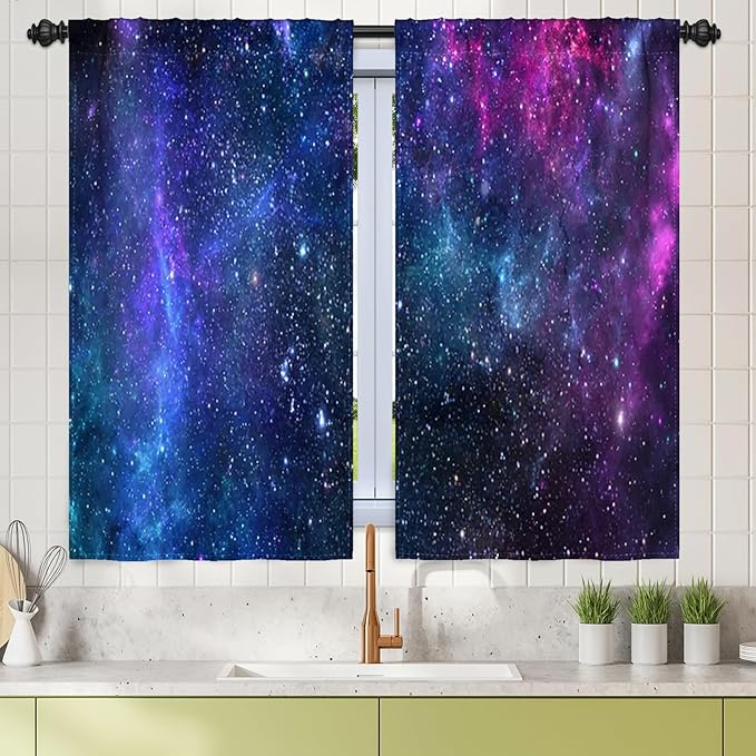 Renaiss 26 x 45 Inch Universe Galaxy Kitchen Blackout Window Curtains Tier by Renaiss