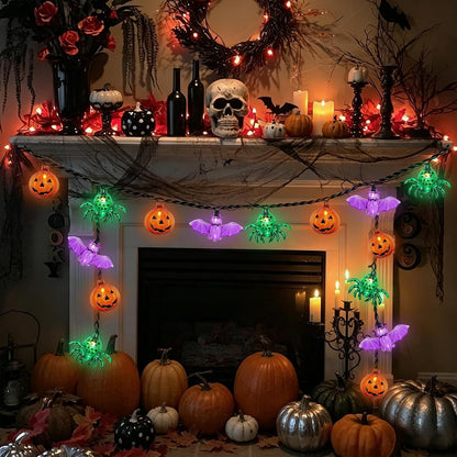 Couah Halloween Pumpkin Bat Spider LED String Lights, 12Ft Jack O Lantern Lights with 20 PCS Pumpkin Bat Spider Plug-in Waterproof for Outdoor Indoor Halloween Decorations