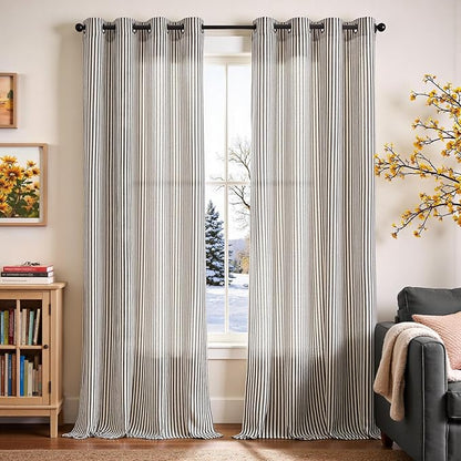 Vangao Linen Striped Black Curtains Boho Tickingstripe Light Filtering Window - Image 2