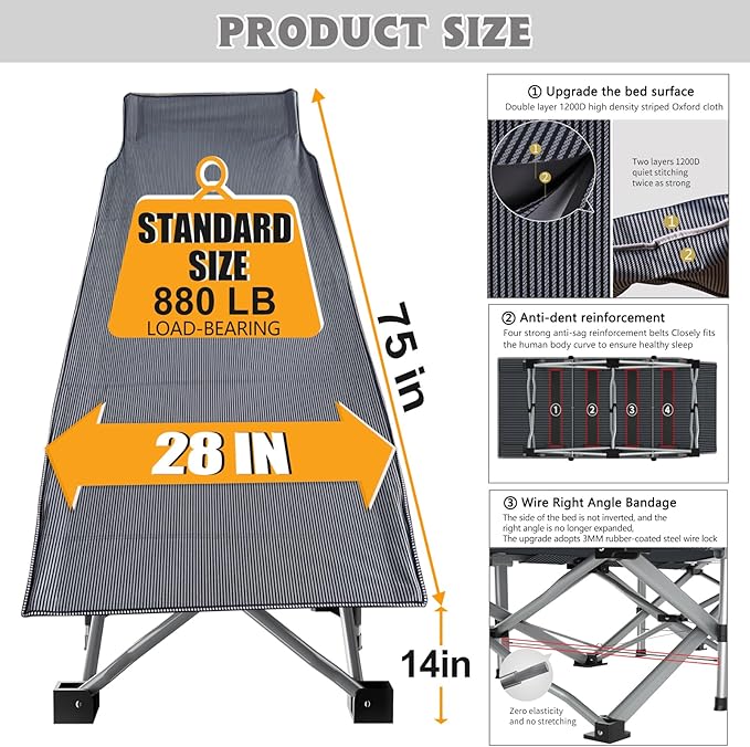 ABORON Camping Cot for Adult 28" Extra Wide, 2PK Heavy-Duty 1200D Oxford Cot - Image 5